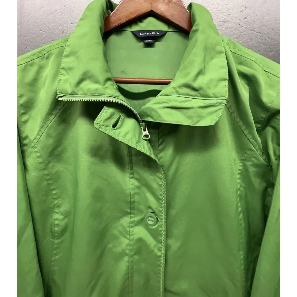 Lands End Rain Coat Women L Green Lined Zip Button Pockets Hiking Outdoor Jacket